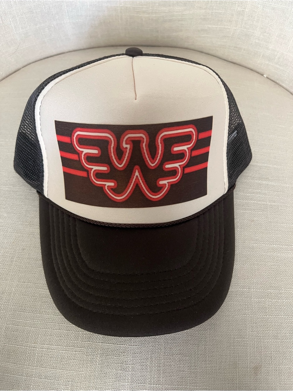 Waylon Jennings Black and White Trucker Hat with Red Wing Logo